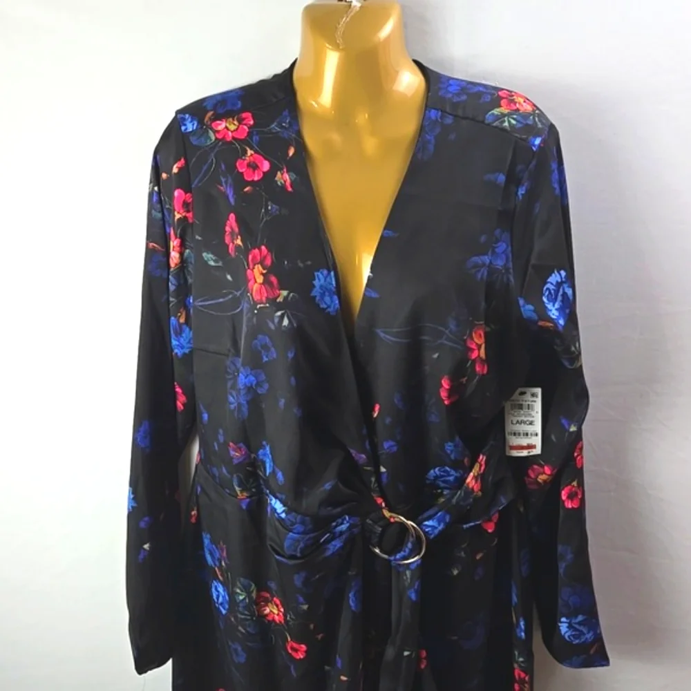I.N.C. International Concepts Black Floral Print Faux-Wrap Long Sleeve Dress L - Picture 3 of 12